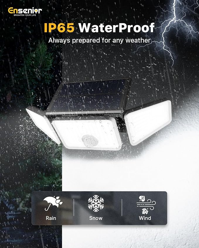 Ensenior Solar Lights Outdoor Motion Sensor 2600LM 220 LED High Brightness 3 Head 270° Wide Angle Flood Lights Remote Control Security Lights 4 Modes IP65 Waterproof Wireless Wall Light 4 Pack
