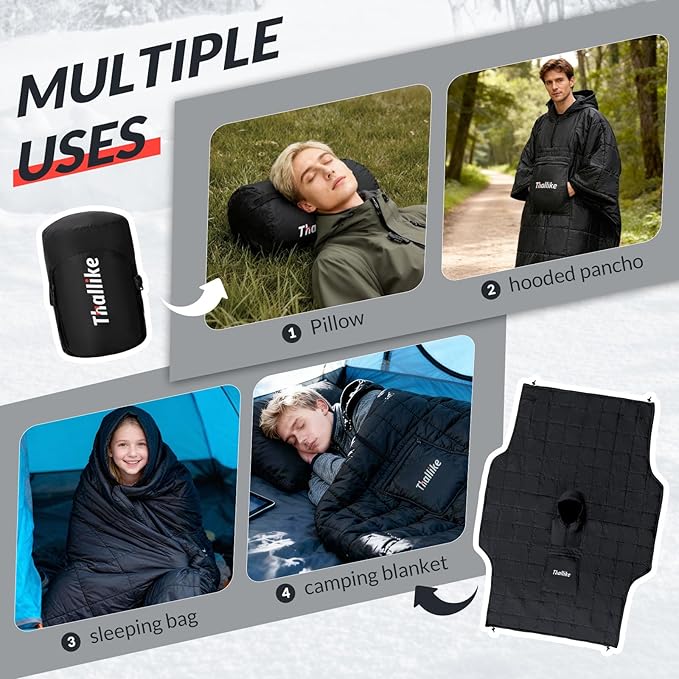 Camping Blanket with Zipper Pocket 85'' x 61'' Large Wearable Hooded Blanket Ultralight Warm Sleeping Bag Windproof Camping Poncho for Outdoor Stadium Sports Gaming Hiking Picnic Concerts