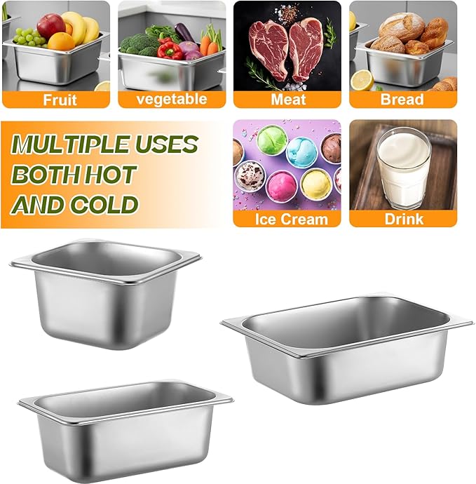 Maxdot 12 Set Stainless Steel Hotel Pan 1/2 1/4 1/6 Size 4 Inch Deep with Lids Stainless Steel Steam Table Pan Commercial Food Pans for Restaurant Catering Salad Bar Party Supplies Metal Steam Tray