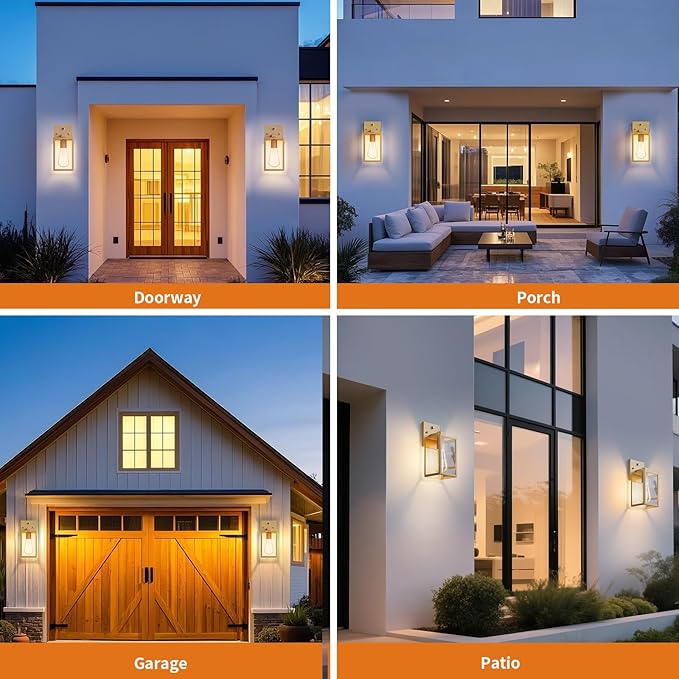 2 Pack Gold Dusk to Dawn Outdoor Front Porch Light Fixtures Wall Mount Sensor Exterior Lantern Lamp Outside Lights for House Waterproof Wall Sconce Anti Rust Coach Light for Garage Entryway