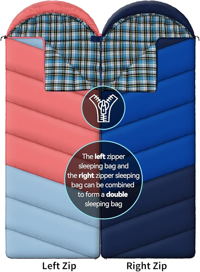 Cotton Flannel Lined Sleeping Bag for Adults Teens Kids Cold Weather &amp Warm 3 Seasons Lightweight Compact Camping Essentials Equipment Hiking Outdoor Travel