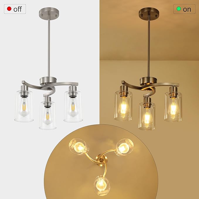 3 Light Brushed Nickel Dining Room Light FixtureModern Kitchen Chandeliers Over TableAdjustable Height Industrial Hanging Pendant Lights for Kitchen Island with Glass Shade