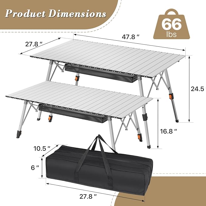 Athena Collection Foldable Camping Table 47 Aluminum Outdoor Folding Camp Table with Mesh Layer Telescopic Legs and Carry Bag Lightweight and Portable for Outdoor Camping Picnic Grilling Silver