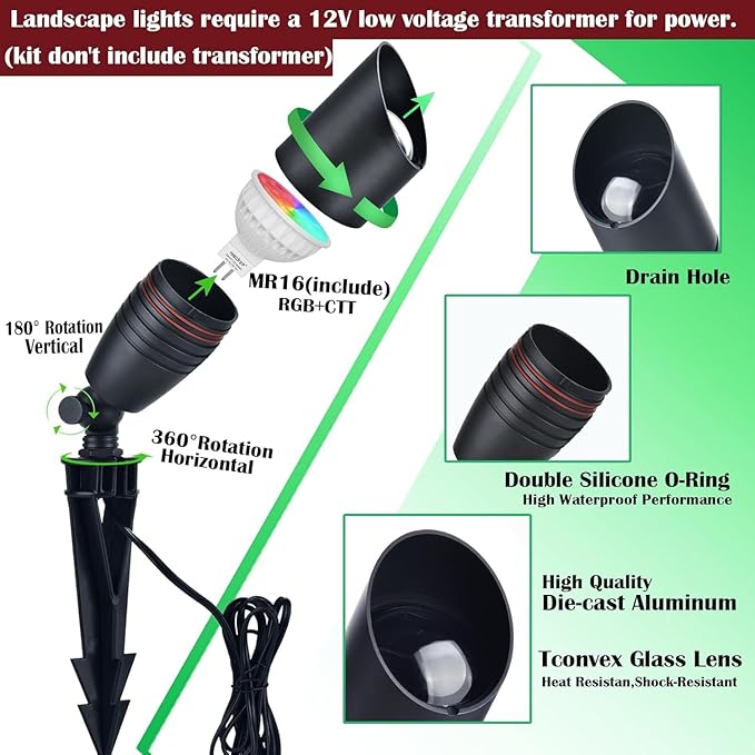 RGB Low Voltage Landscape Lights LED Outdoor Landscape Lighting with Ground StakeColor Changing 12V Outdoor Spot LightsWaterproof Up Lights for Garden Yard