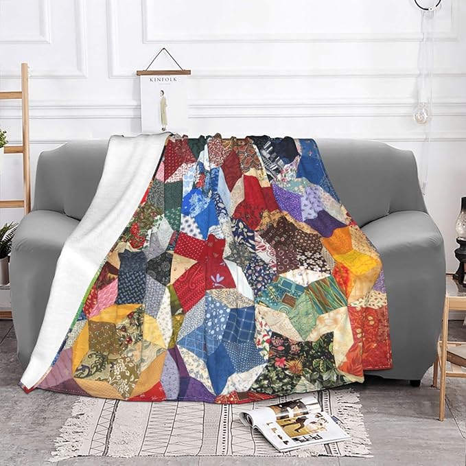 80X60 Wonky Star Quilt Lightweight Flannel Blanket - Soft and Breathable Polyester Suitable for Travel Camping and Home Decoration