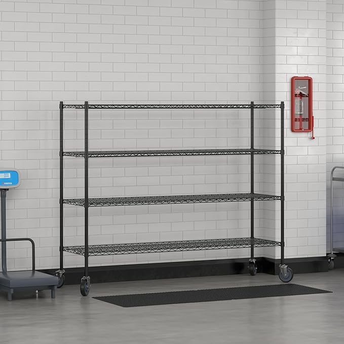 Commercial NSF Listed Black Epoxy Mobile Wire Shelving Kit 21 x 72 x 60 with 4 Shelves Perfect for Warehouse Walk-in Refrigerator Freezer Grocery Store Restaurant Dishroom