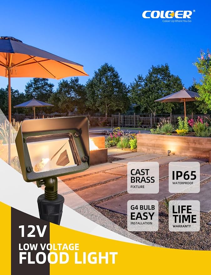 COLOER Brass Flood Lights with 4W 2700K LED G4 Bulb 12V Low Voltage Landscape Floodlights for Outside Outdoor Wall Lights Illuminating Signs Walls and Tree