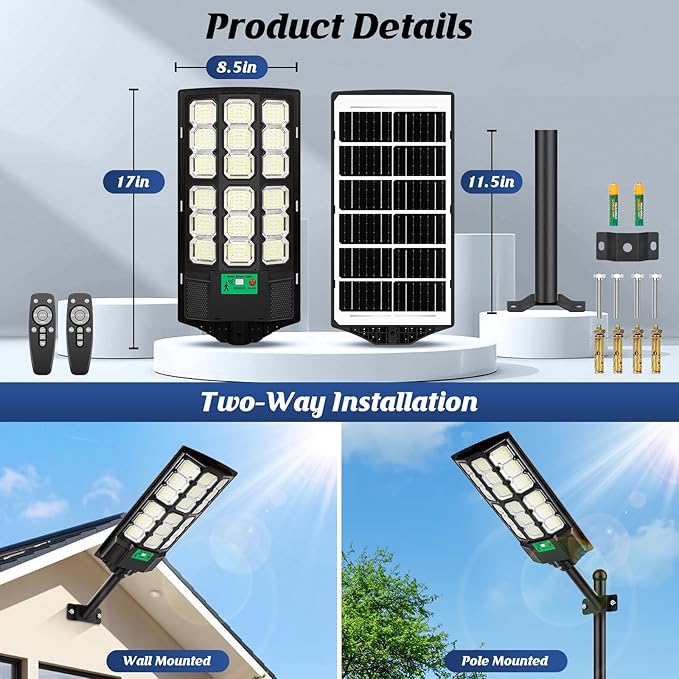 17 Solar Street Lights Outdoor Waterproof 36000LM 6500K Dusk to Dawn Solar Flood Light Motion Sensor Solar-Powered Light with Remote Control Commercial Area Lighting for Outside Parking Lot 2-Pack