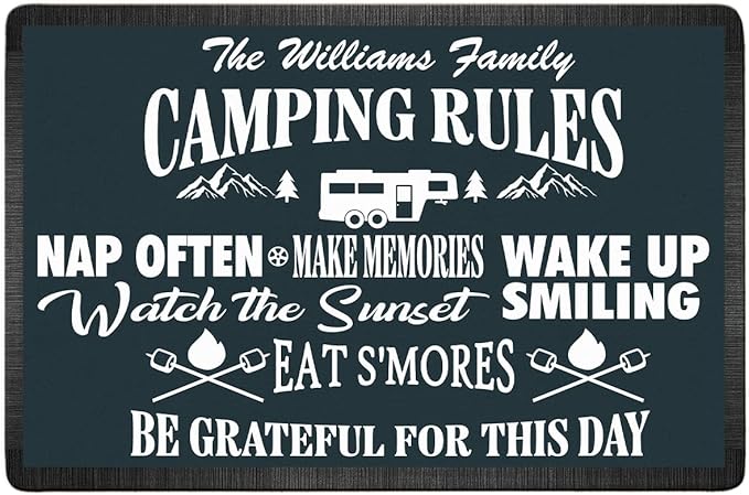 Personalized Camping Rules Welcome Doormat - Custom Family Name and RV Door Mat Accessories for Inside Outside Funny Campsite Decorations for Travel Trailers Style 01