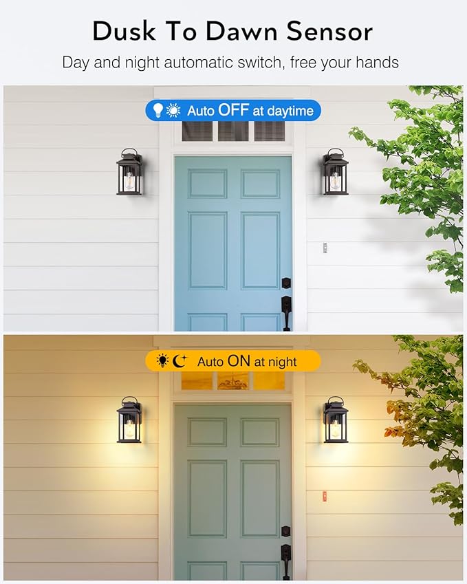 VIANIS Outdoor Porch Lights for House Farmhouse Oil Rubbed Bronze Gold Trim Exterior Light Fixtures Wall Mount Sconce Anti-Rust Dusk to Dawn Outdoor Lighting Lantern for Garage Front Patio 2-Pack