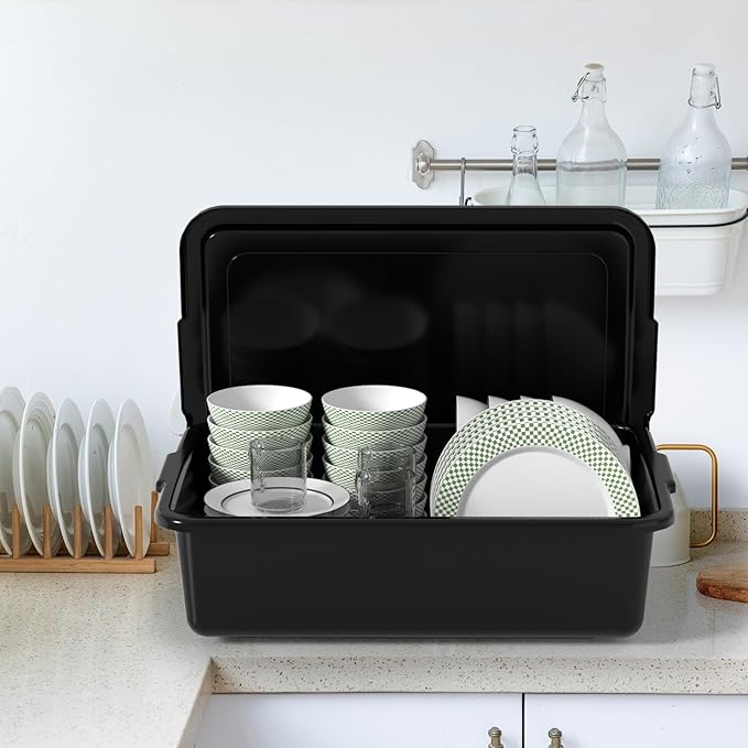 3 Packs 13 Liter Plastic Restaurant Commercial Bus Tub Boxes with Lids Black Wash Bins Dish Pan
