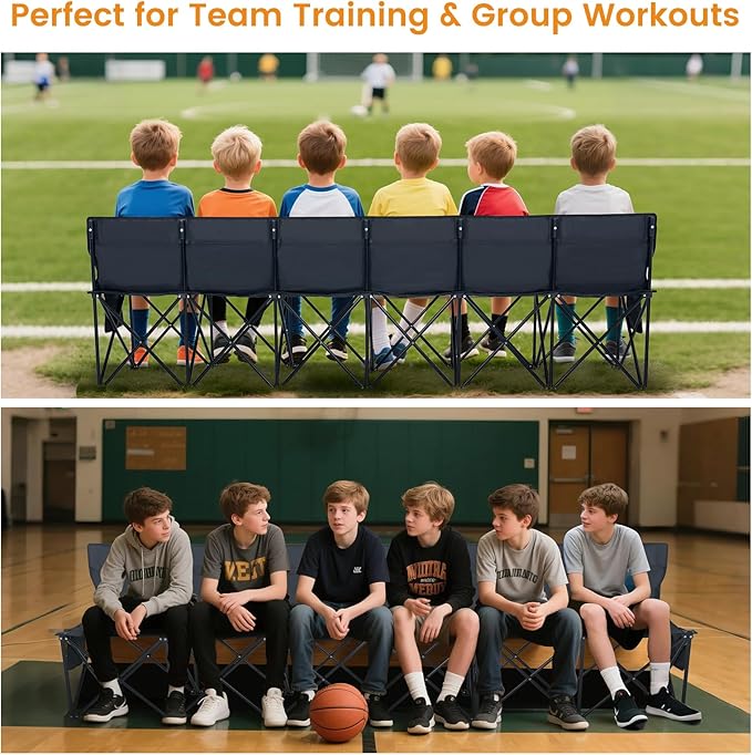 LILYPELLE Portable Bench 6 Seat Soccer Benches for Team Folding Soccer Bench Chair Sideline Benches Camping Chairs for Football Camp Sport Events Outdoor Seating with Carry Bag 1Pack
