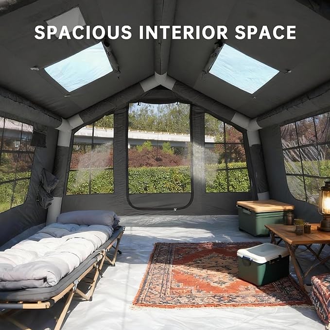 8㎡ Luxury Inflatable Camping Tent for 3-8 People UV-Resistant 4-Season Family Tent with Chimney Port &amp Skylight Oxford Fabric or Tech Cotton – White Tank Gray Aurora Green