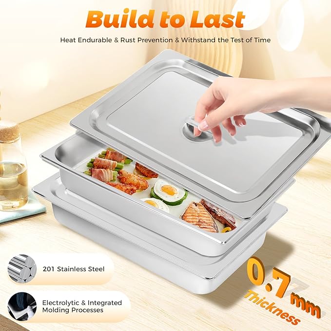 4 Pack Full Size Stainless Steel Hotel Pans 4 Deep Steam Table Pan 21 L x 12.8 W Stainless Steel Food Storage Containers Buffet Pan with Lids for Home Party Restaurant Hotel Buffet