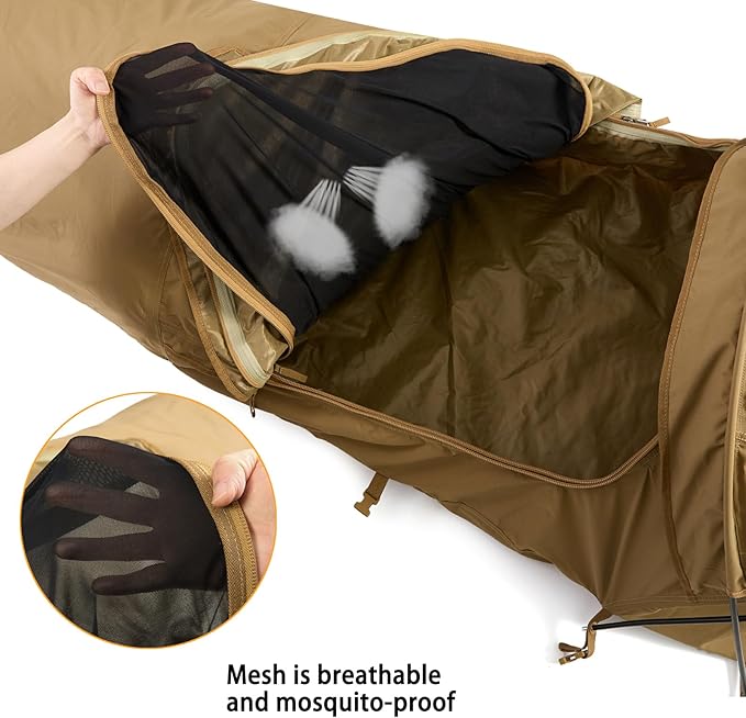 MT Military Hideaway Bivy Cover Stealth Compact Single-Pole Hooped Tent for Modular Sleeping Bags with Mosquito Bug Net MeshWaterproof Breathable Outer Shell Minimalist Shelter