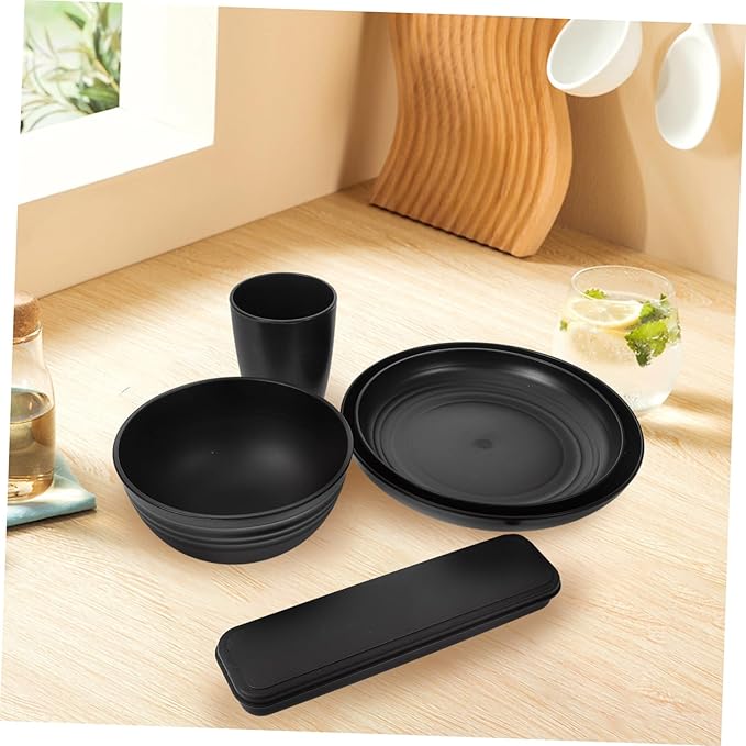 4sets Black Camping Dishes Utensil Picnic Lunch Box Fork Spoon Knife Bowl Cup Reusable Easy Clean Fine Dining