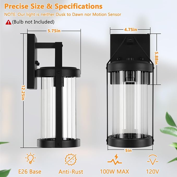 Brightever Outdoor Wall Light Fixtures Waterproof Matte Black Exterior Wall Lantern Sconce Porch Lights Outside Lighting with Clear Ribbed Glass for House Garage Front Door 2-Pack