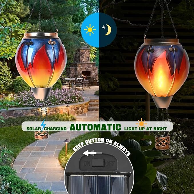 Hot Air Balloon Solar Lantern - Simulated Flickering &amp Dancing Flame Glass Lantern  Outdoor Hanging Yard Light Waterproof IP65 for Garden Patio Lawn Porch Decor Gift