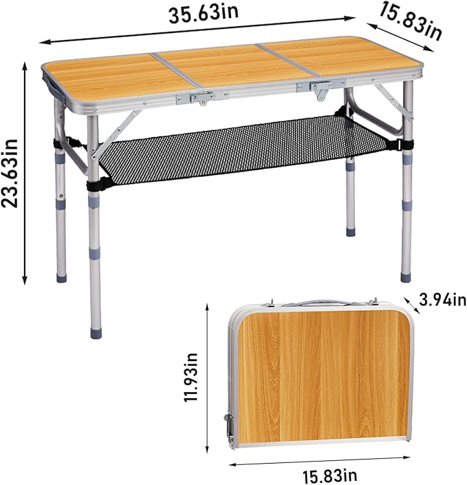 3 FT Folding Camping Table with Storage Portable Fold-in-Half Camp Kitchen Party Table 3 Height Adjustable &amp Carry Handle Rectangular Card Tables for Outdoor Picnic BBQ Backyard (Wooden Pattern