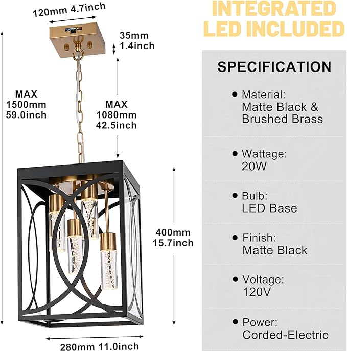 4-Lights Large 5CCT LED Outdoor Pendant Light Fixture Porch Hanging Lighting Build-in LED Chips Modern Exterior Lantern Chandelier Ceiling Mount for Patio Front Door