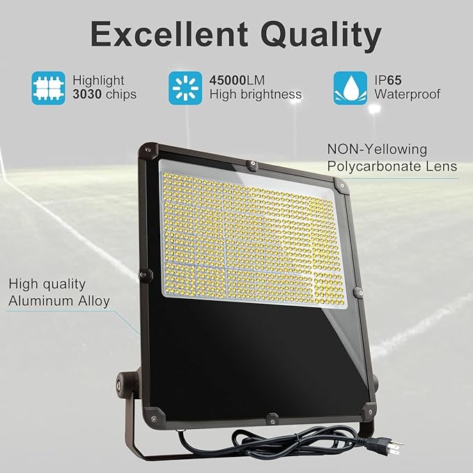300W LED Flood Light Outdoor 45000Lm Led Stadium Light with Dusk to Dawn photocell IP65 AC100-277V Commercial Area Lighting with Plug for Backyard/Basketball Court-2Pack