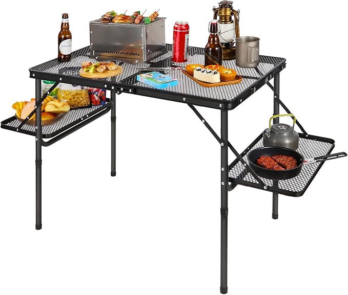 REDCAMP 36x24 Folding Grill Table for Outside with 2 Side Tables Lightweight Portable Metal Aluminum Outdoor Grill Table with Adjustable Height Legs Great for Camping Picnic Cooking BBQ Black 3ft