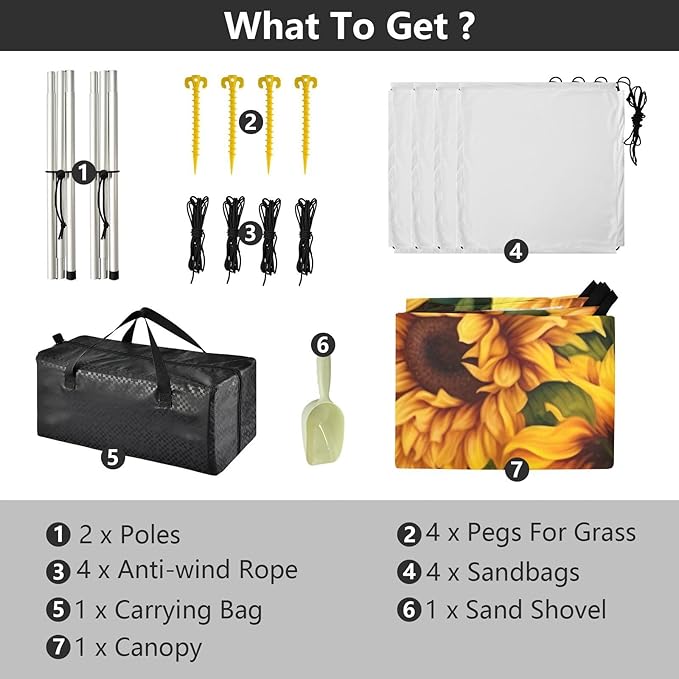 Sunflower Beach Tent Sun Shelter 9.2' x 10.5' Beach Canopy with 4 Sandbags 4 Stability Poles Sand Shovels - Tent Canopy for Beach Camping Fishing Picnics
