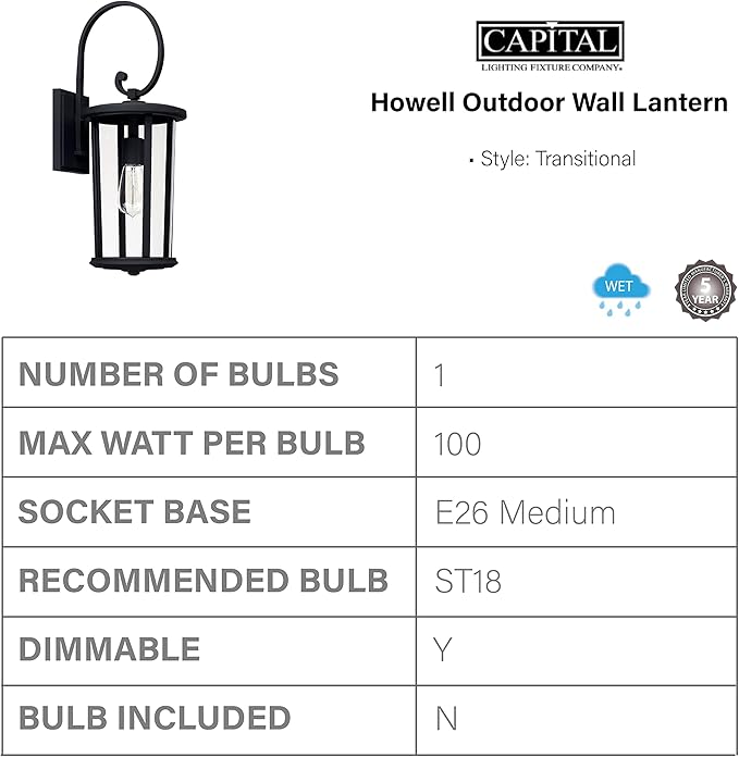 Capital Lighting 926711BK Howell Clear Glass Outdoor Wall Sconce 1-Light 100 Watt 21 H x 8 W Black