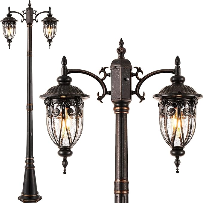 VIANIS 2-Head Outdoor Lamp Post Light Dusk to Dawn Post Lamps Outside Waterproof Seed Glass Lamp Posts Outdoor Lighting Anti-Rust Bronze Light Posts for Outside Garden Yard Doorway Hardwired