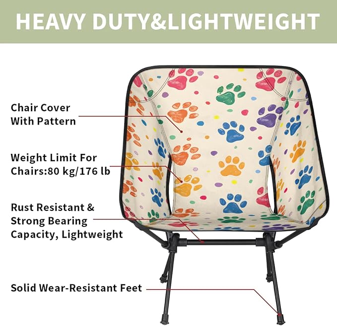 Honeybaby Folding Camping Chair Colorful Dog Paw Prints Camping Chairs Lightweight Portable Chair Outdoor Foldable Chairs for Camping Travel Picnic Beach Hiking