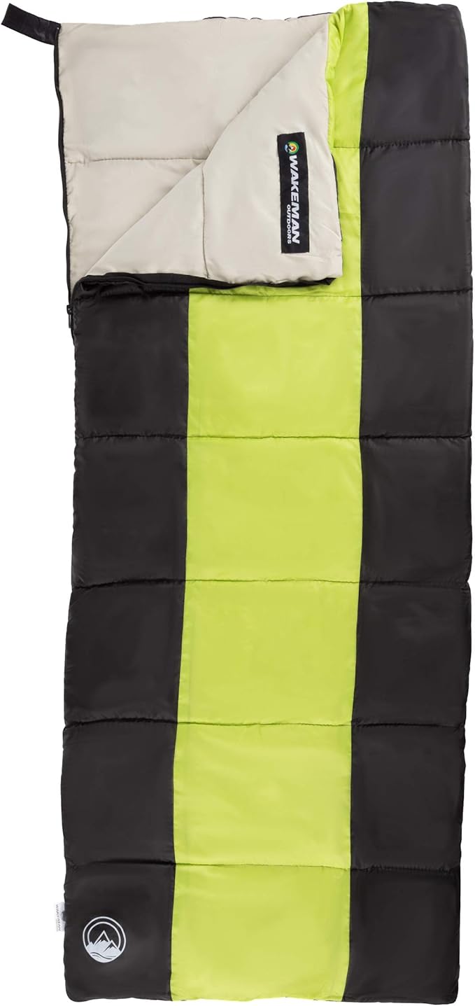 Kids Sleeping Bag - Lightweight Carrying Bag with Compression Straps for Camping Backpacking and Sleepovers by Wakeman Outdoors (Neon Green/Black)