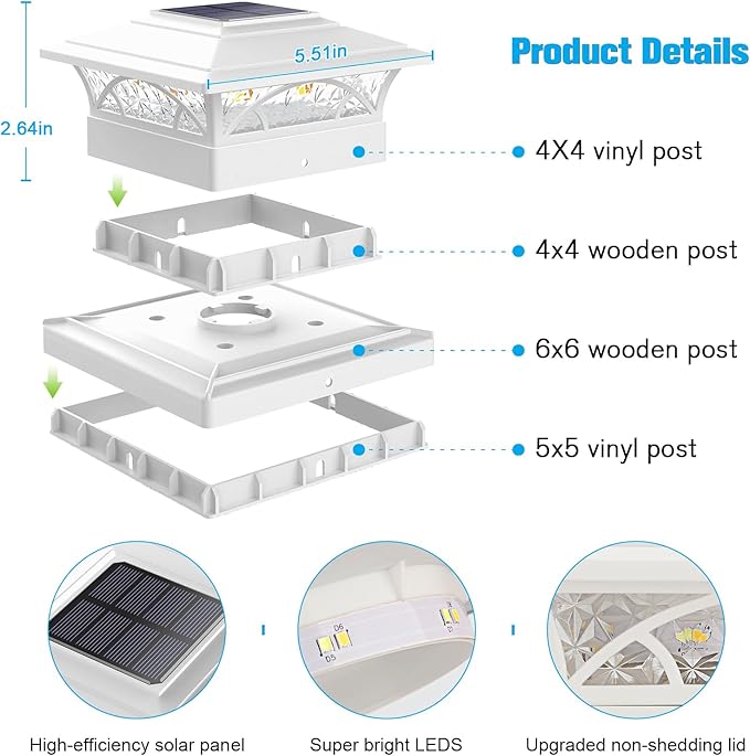 Solar Post Cap Lights Outdoor 12pack White Deck Fence Post Lights Solar Powered with 16LEDS 2 Lighting Modes 4x4/5x5/6x6 Waterproof Fence Post Lights for Garden Patio Porch Backyard