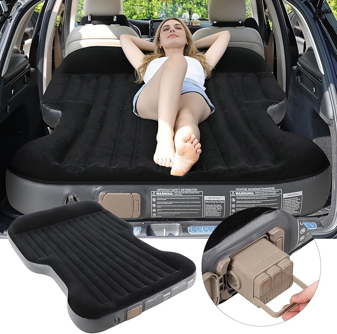 KMZ Inflatable SUV Air Mattress Thickened Flocking with Built-in Pump Self-Inflating Portable Sleeping Travel Bed Pad for SUV Truck Fast Inflation and Deflation (Black)