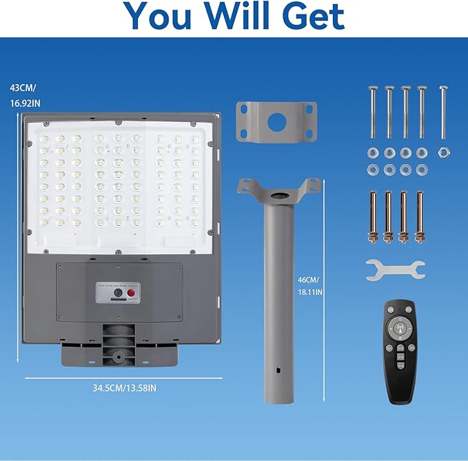 7500W Solar Street Lights Outdoor 450000LM 7000K Solar Parking Lot Lights Dusk to Dawn 30000mAh IP67 Waterproof Pole Security Flood Lamps with Motion Sensor and Remote for Yard Garage Driveway