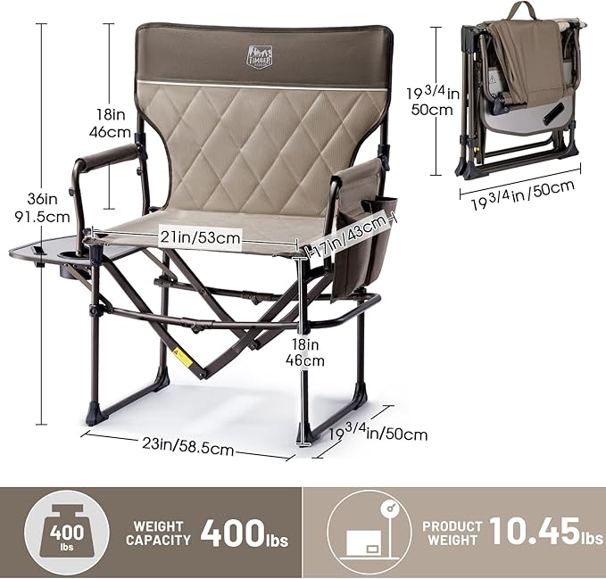 Timber Ridge Aluminum Camping Directors Chair with Side Table Pocket Portable Folding Heavy Duty Lawn Chair for Fishing Trip Picnic Concert Outdoor 400lbs Tan