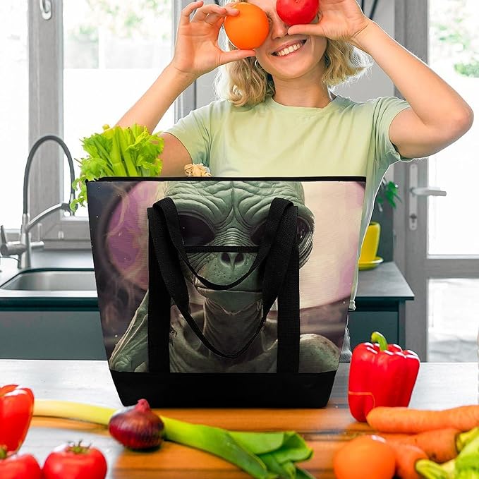 Insulated Shopping BagLarge Reusable Cooler Bags Alien Smoke Printed Foldable Shopping BagTravel Waterproof Shoulder Bag