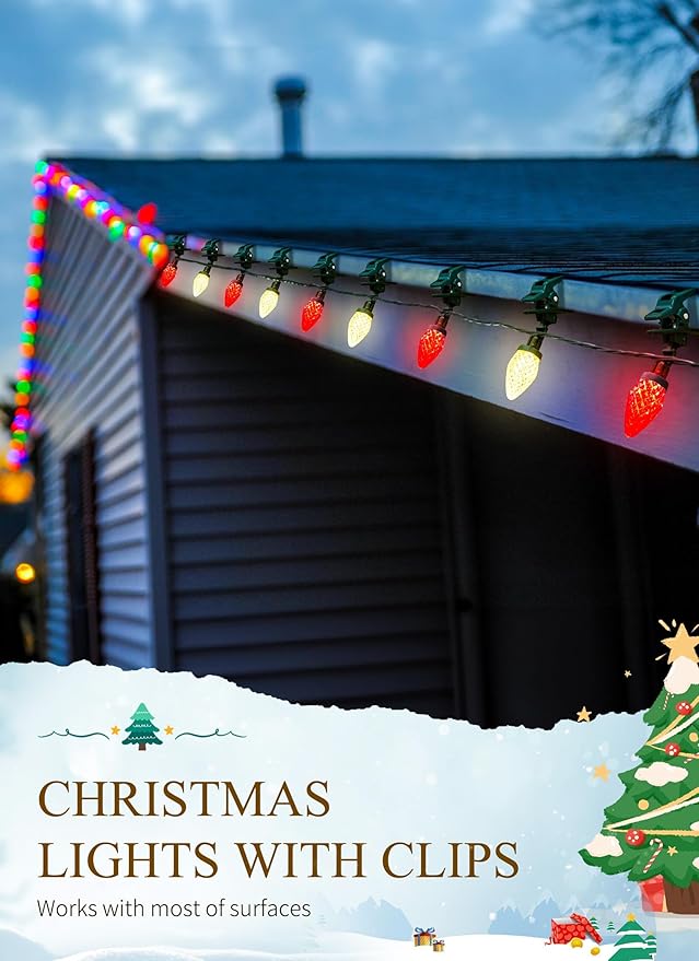 C9 LED Christmas Lights Outdoor 66 Feet 100 LED C9 String Light with 100 Spring Clips Waterproof Connectable Christmas Tree Lights for Outside Roofline Patio Home Xmas Decor Red &amp Warm White
