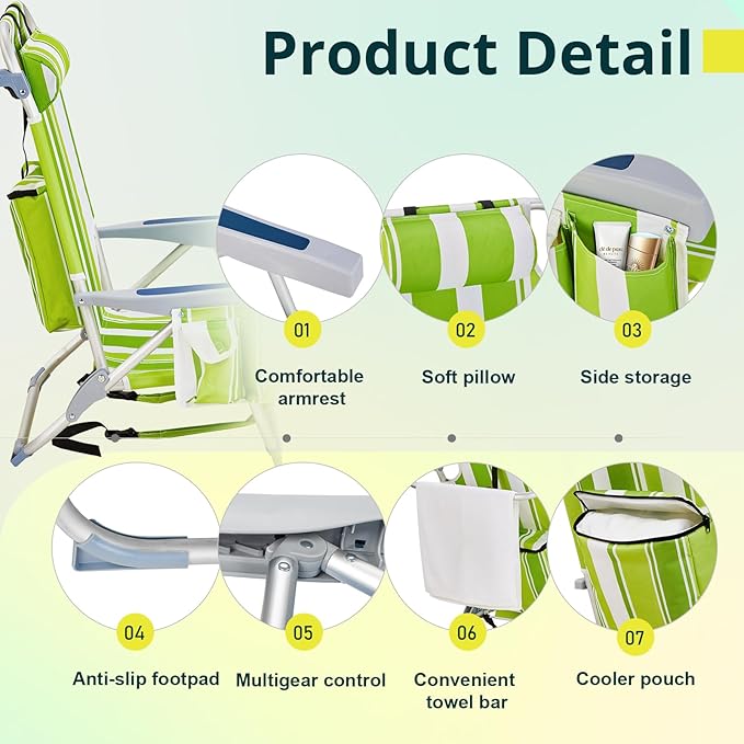 Folding Beach Chair for Adults5 Position Portable Backpack Foldable Lounge ChairCamping Chair with Headrest and Cup HolderCollapsible ChairsOutdoor Chair Capable of Bearing 220 lbsGreen Stripes