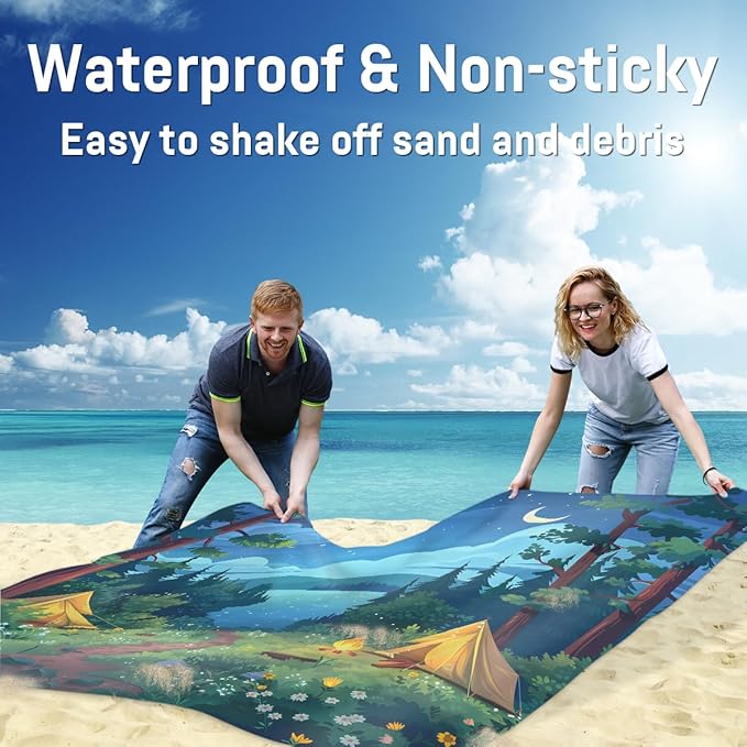 Waterproof Sandproof Beach Blanket 59''×68'' Scenery Camping Polyester Outdoor Picnic Blanket with 4 Stakes &amp Storage Bag for BeachCampingVacation Green