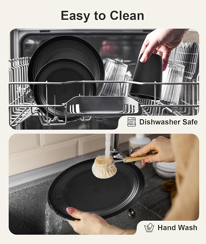 Quatish 20 Piece Plates and Bowls Sets for 5 Unbreakable Dinnerware Sets Plastic Dish Set for Camping Dishwasher Microwave Safe Outdoor Kitchen and Apartment Dinning RV Essentials Black