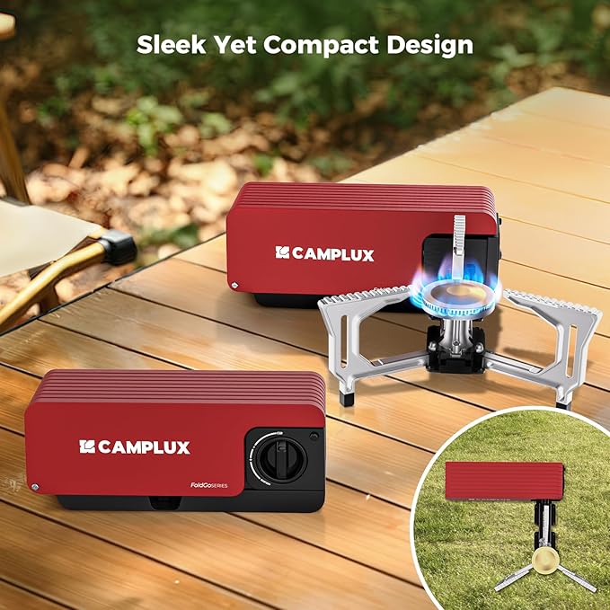 CAMPLUX FoldGo Camping Stove 7500 BTU Portable Butane Gas Stove Foldable Cassette Stove with Carry Bag &amp Adjustable Burner CSA Certified Collapsible Butane Stove for Outdoor Cooking Red