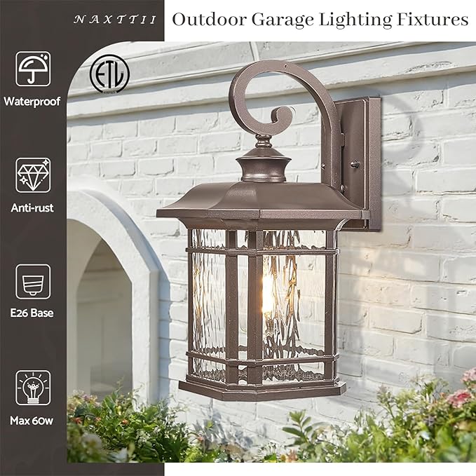 ORB Finish Outdoor Wall Lights 17 Inch Height Waterproof Exterior Lighting Fixtures with Water Ripple Glass E27 Socket Porch Lights Outdoor for Garage Patio Front Door