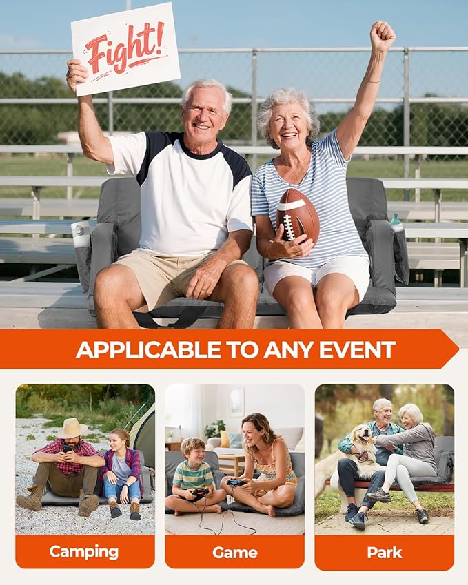 Sportneer Stadium Seats with Back Support: 2.5'' Thick Comfy Cushion 6 Adjustable Angle Bleacher Seat with Armrest - 2 Large Pockets 2 Cup Holders Stadium Chair for Sport Events Concerts Parks