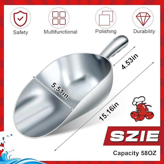58-ounce Metal Ice Scoop Large Crawfish Scoop Aluminum Utility Scooper Round Bottom Crawfish Boil Party Supplies Accessories for Pet Food Rock Salt Seafood Cat Litter Kitchen Bar Ice Machine