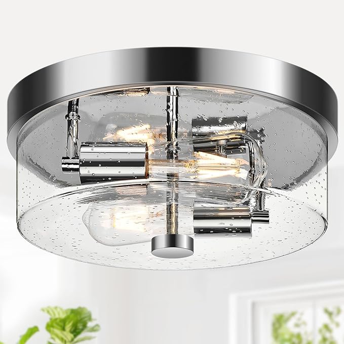 Flush Mount Ceiling Light Fixtures 2-Light Chrome Ceiling Mount for Farmhouse with Seeded Glass Lampshade Industrial Hall Flush Mount Light Fixture for Hallway Kitchen Entryway Bedroom and Foyer