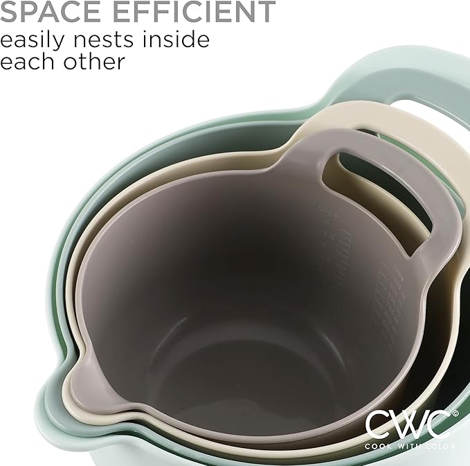COOK WITH COLOR Nesting Plastic Mixing Bowl Set with Pour Spouts and Handles Ombre Mint 4 Piece Non-Slip