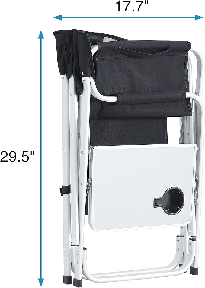2 Pcs Padded Folding Outdoor Chair with Side Table and Storage PocketsLightweight Oversized Directors Chair for Indoor Outdoor Camping Picnics and FishingBlackGrey