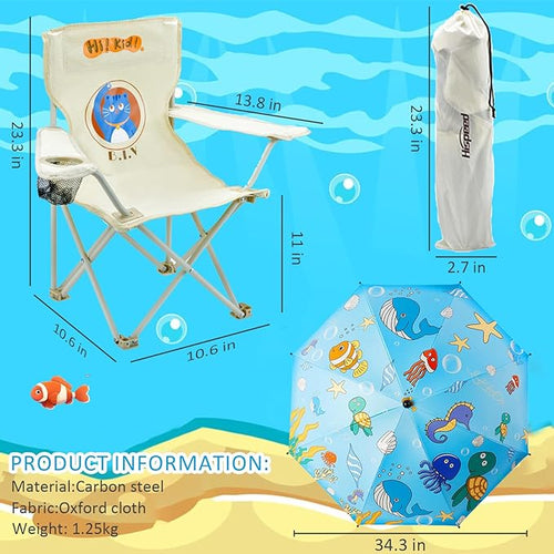 2 Pack Kids Camping Chair - Kids Beach Chair with Umbrella - Foldable Storage Cup Holder Durable wear-Resistant Non-Slip Lightweight Design for Beach Patio Outdoors Lawn (Blue+Blue)