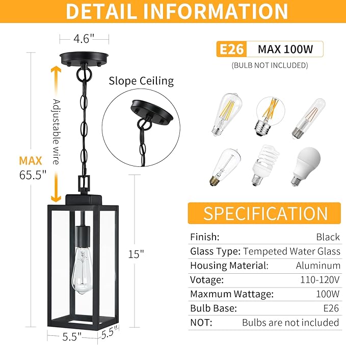 2 Packs 15'' Large Outdoor Pendant Light Modern Outside Chandelier Outdoor Hanging Lantern Light Matte Black with Clear Glass Exterior Pendant Lighting Fixture Ceiling Mount for Porch Gazebo