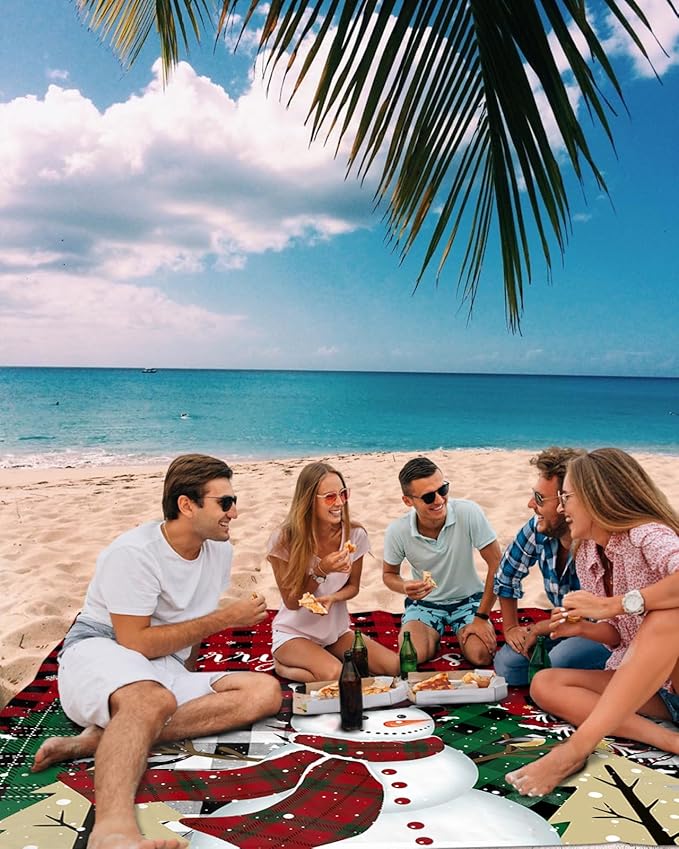 Beach Blanket Waterproof Sandproof Merry Christmas Snowman Pine Tree Quick Drying Beach Mat with 4 Stakes Snowflake Red Black Buffalo Plaid Lightweight Picnic Blanket for Travel Camping 83x79